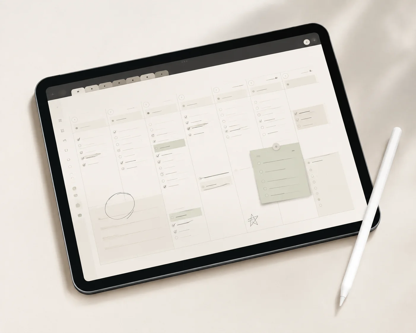 Planner digital semanal aberto em um iPad ao lado de uma caneta